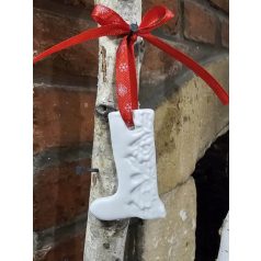 Kis fehér csizma kerámia karácsonyfa dísz